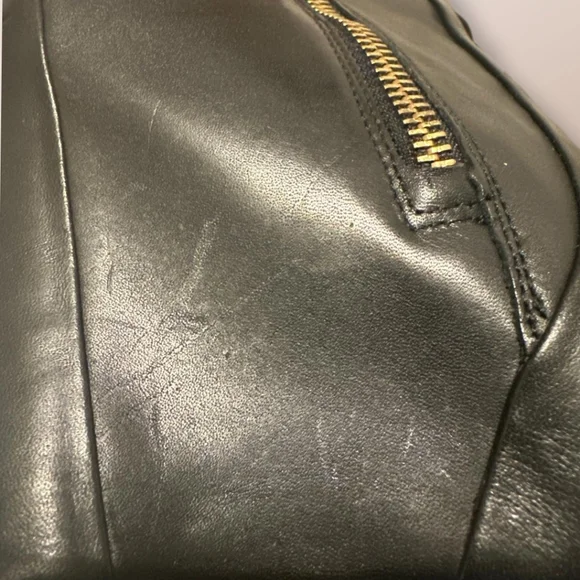 RACHEL Rachel Roy Black Leather Wedge Heel Boot Gold Accents Buckles Size 7 - Picture 12 of 14